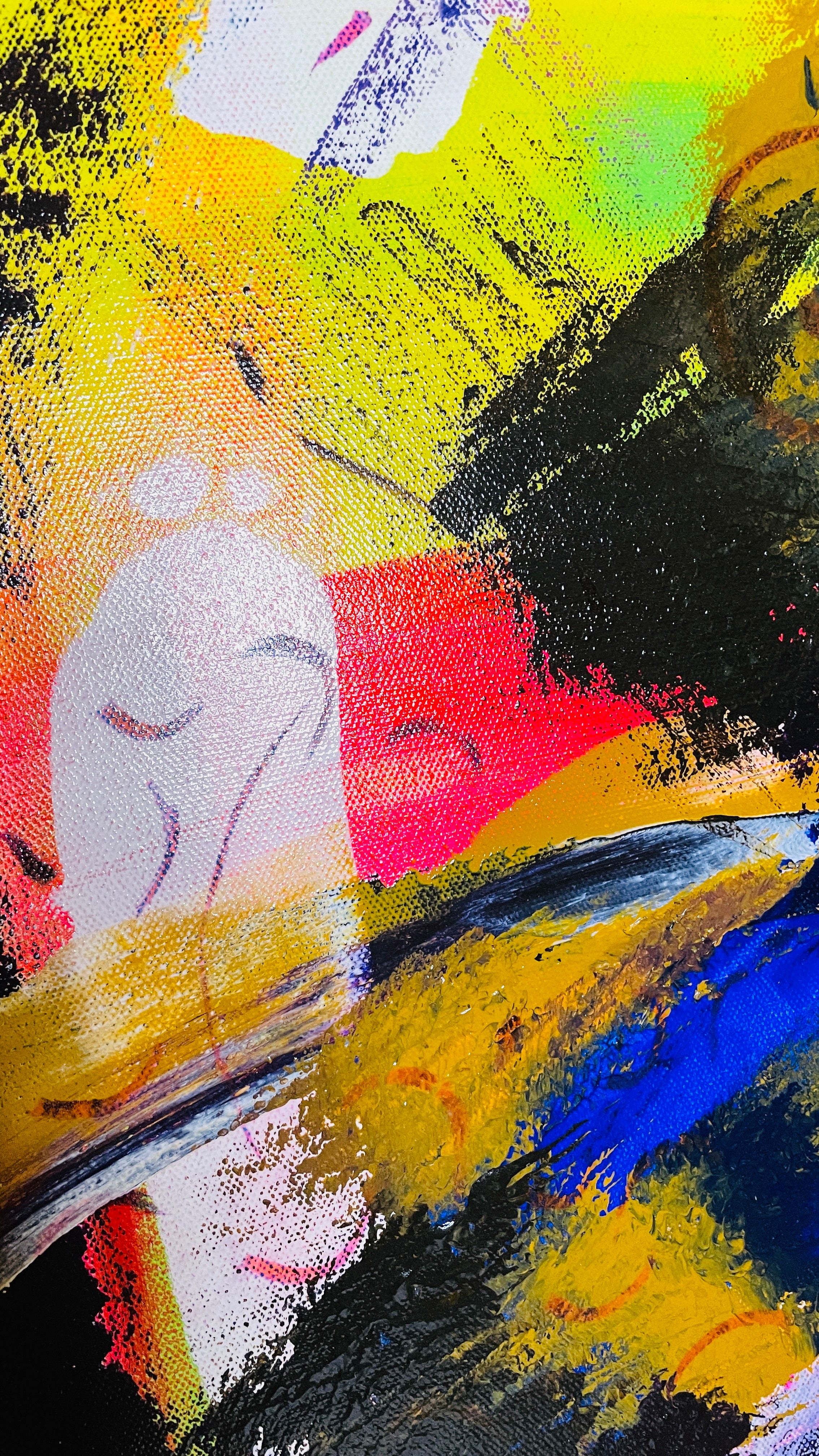Square abstract mixed-media painting with neon yellow and green fields, sweeping black strokes, pink, blue, gold and white layers, pale simplified figures, crossed-out symbols, drawn lines and heavily textured passages.