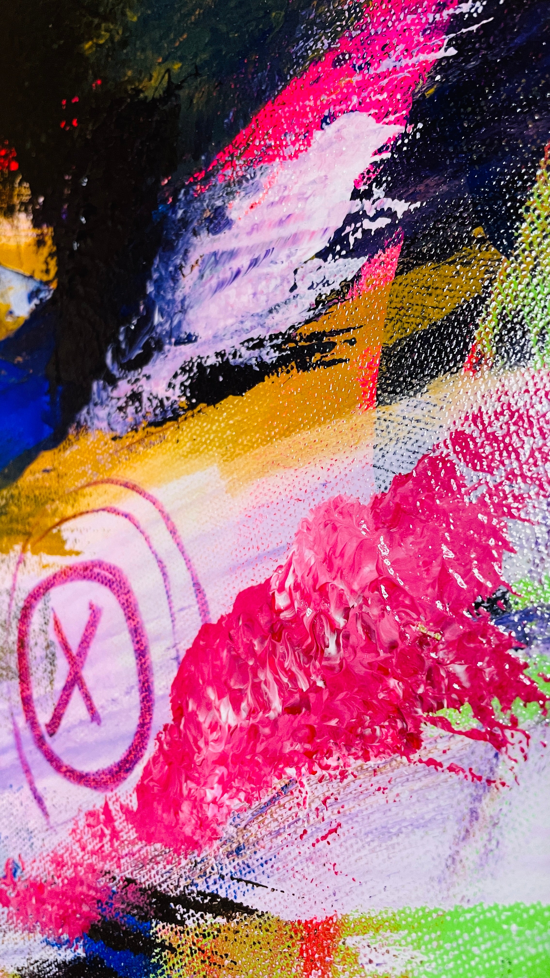 Square abstract mixed-media painting with neon yellow and green fields, sweeping black strokes, pink, blue, gold and white layers, pale simplified figures, crossed-out symbols, drawn lines and heavily textured passages.