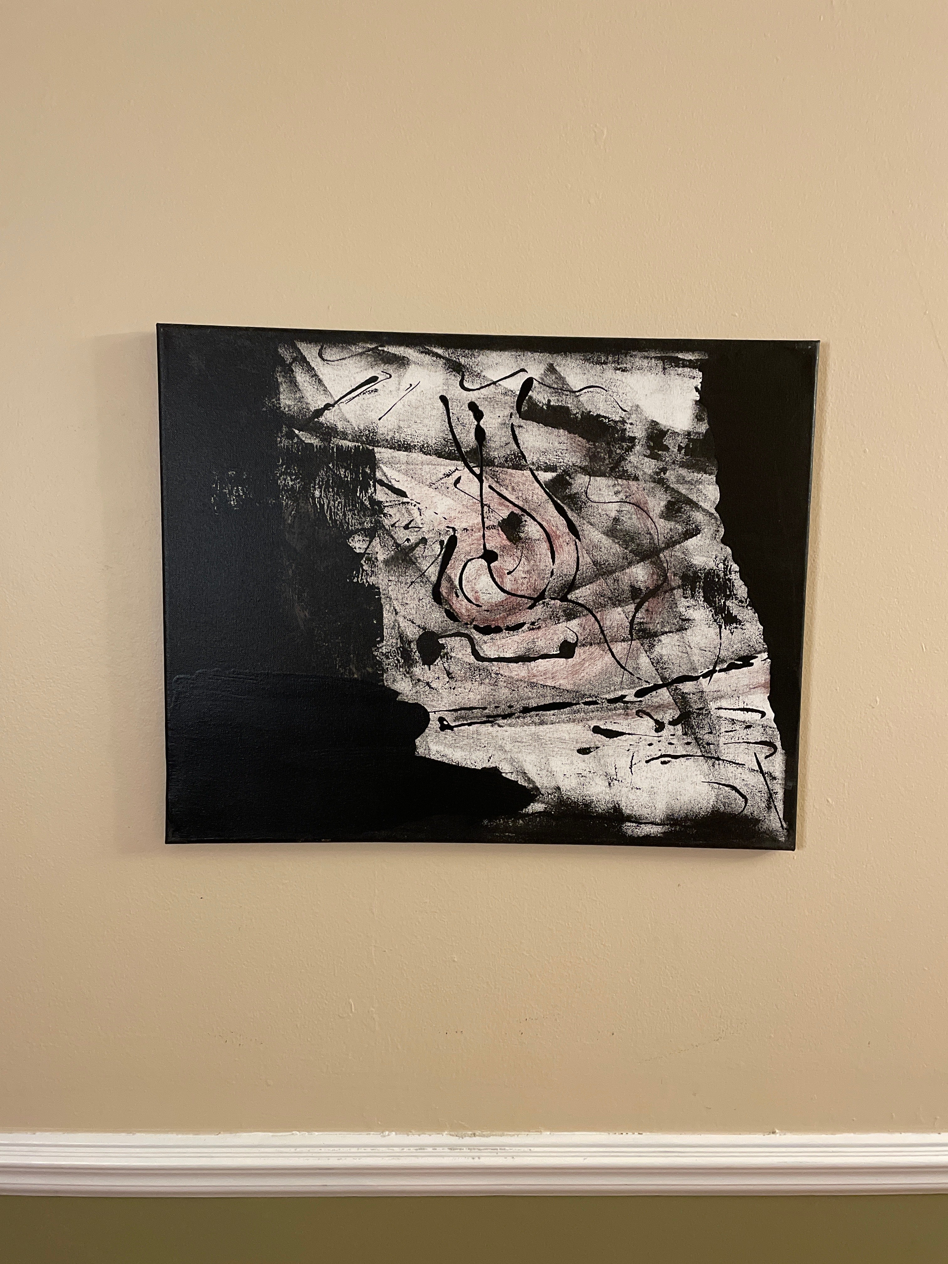 Black-and-white abstract painting on canvas with a distressed pale central field, faint blush tones, broad dark edges and fluid black lines suggesting a fragmented face, body or handwritten notation.