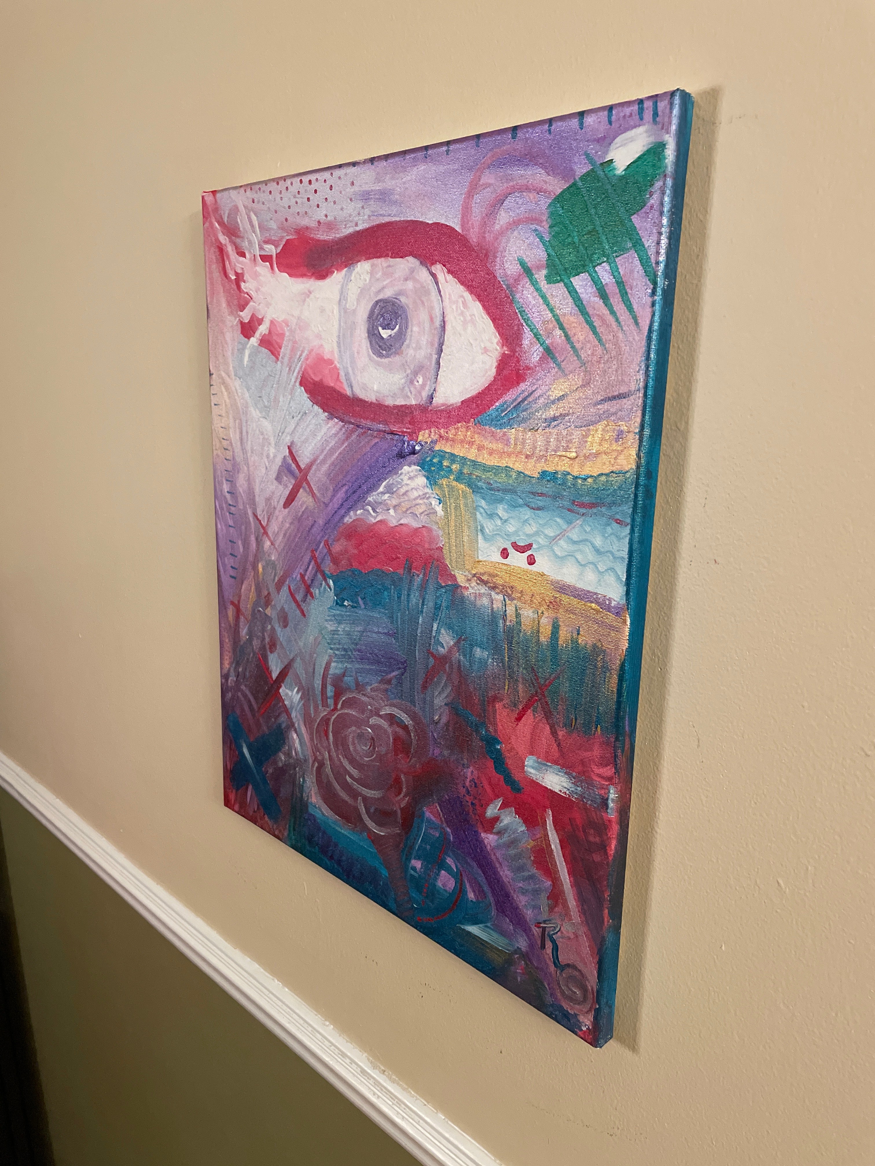 Portrait abstract painting in pink, violet, teal, red, white and metallic gold. A large eye watches over layered brushwork, crossed marks, a spiral flower, geometric forms, repeated lines and textured passages.